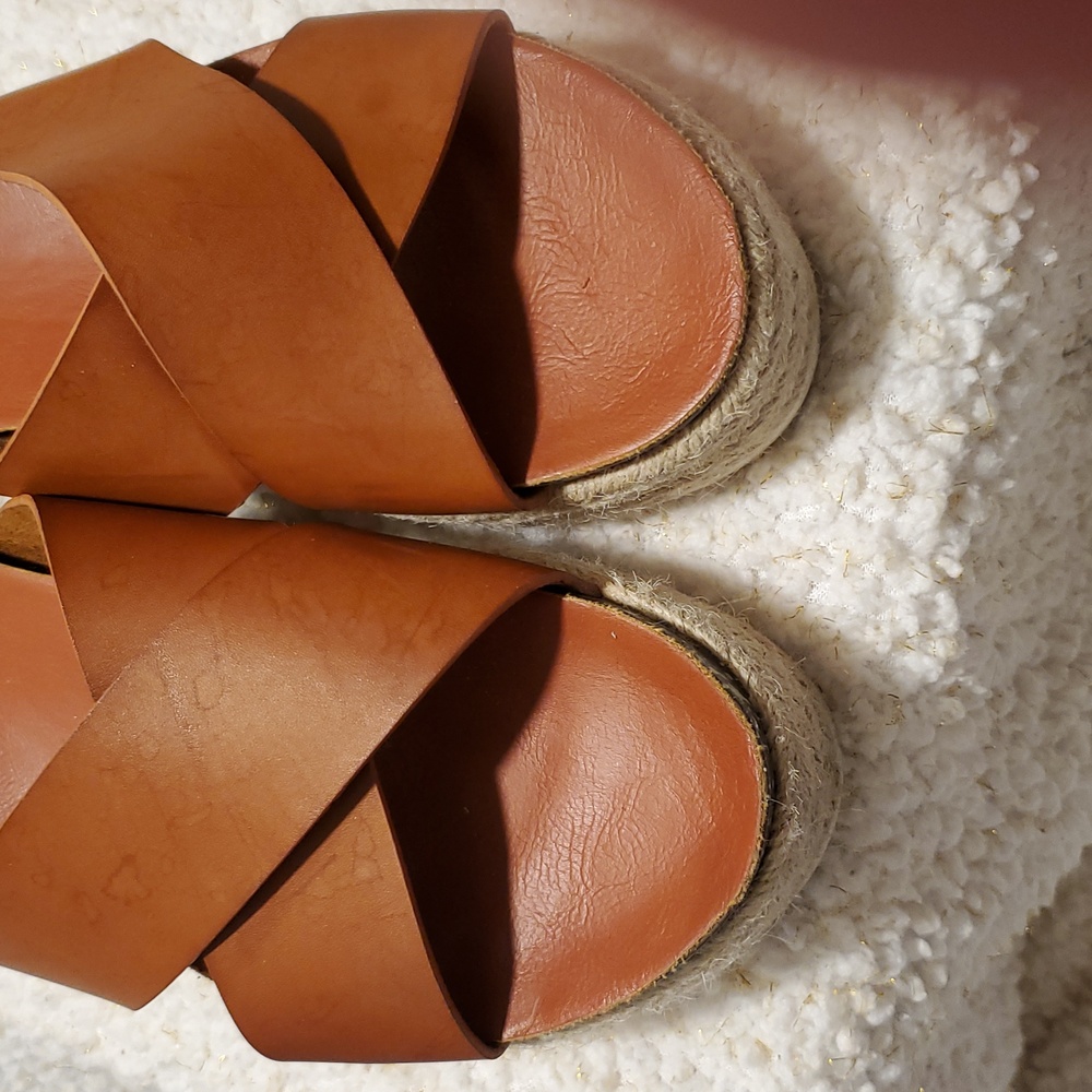 Glisten Camel Color Leather Espadrille Platform Sandals Size 8.5 - Picture 7 of 10